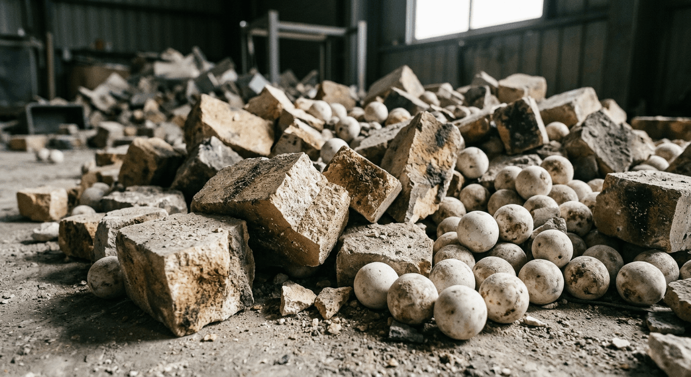 Spent high-alumina refractory brick fragments mixed with white alumina support balls
